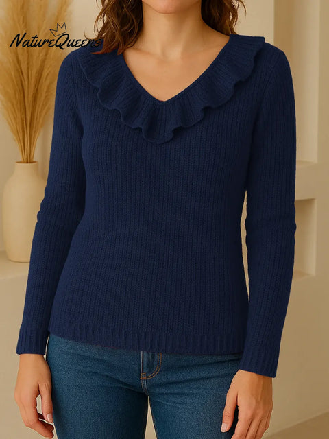 Women's Solid Color V-Neck Long Sleeve Ruffle Knit Top