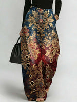 Women's Retro Floral Art Print Casual Stylish Hollow Denim Pants