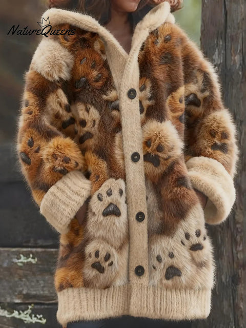 Women's Funny Paw Pattern Art Print Casual Fleece Coat