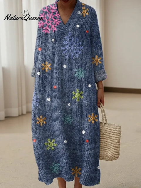 Christmas Snowflakes Print Knitted V-neck Dress