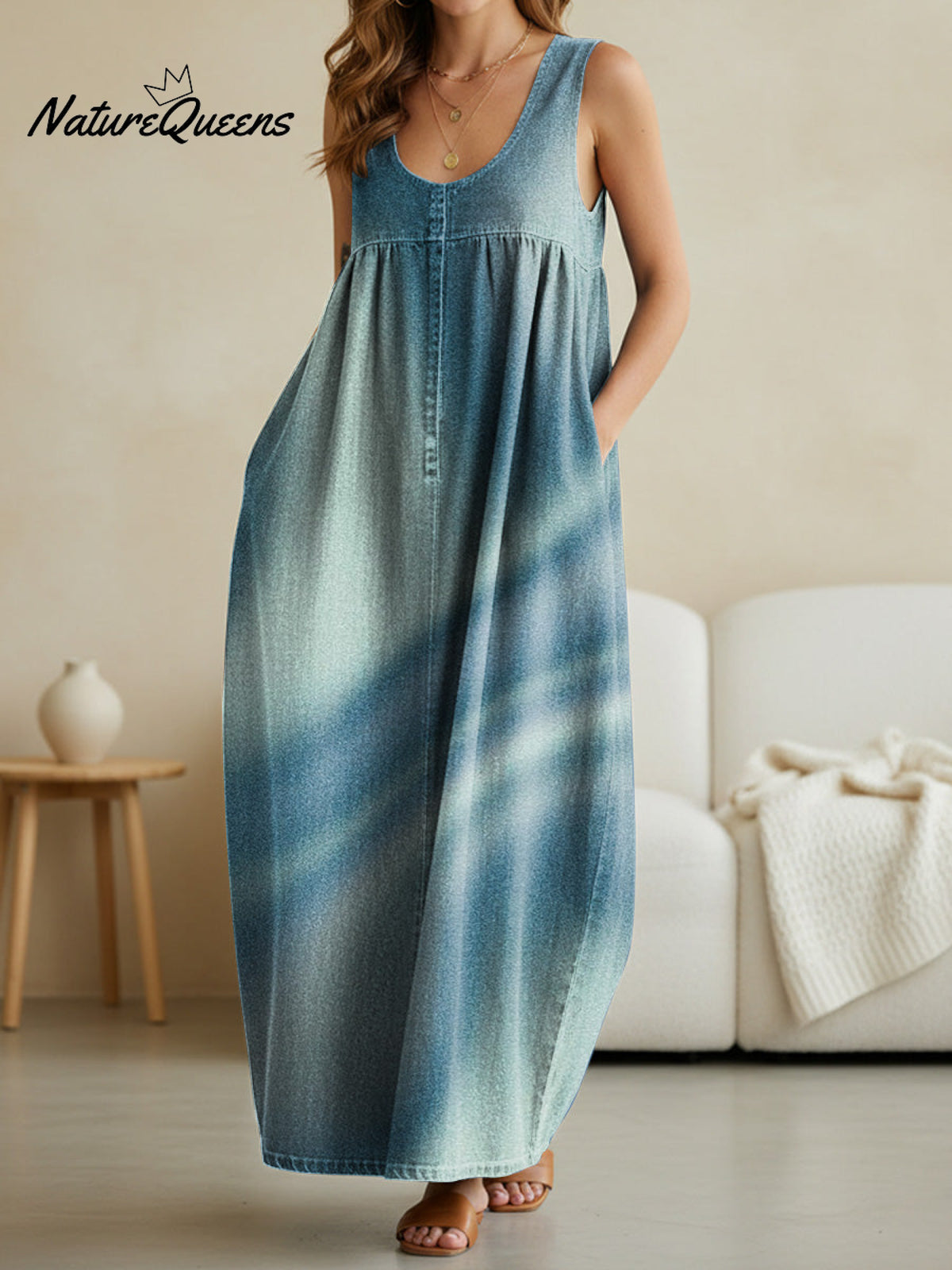 Women's Gradient Blue Casual Loose Denim Vest Dress