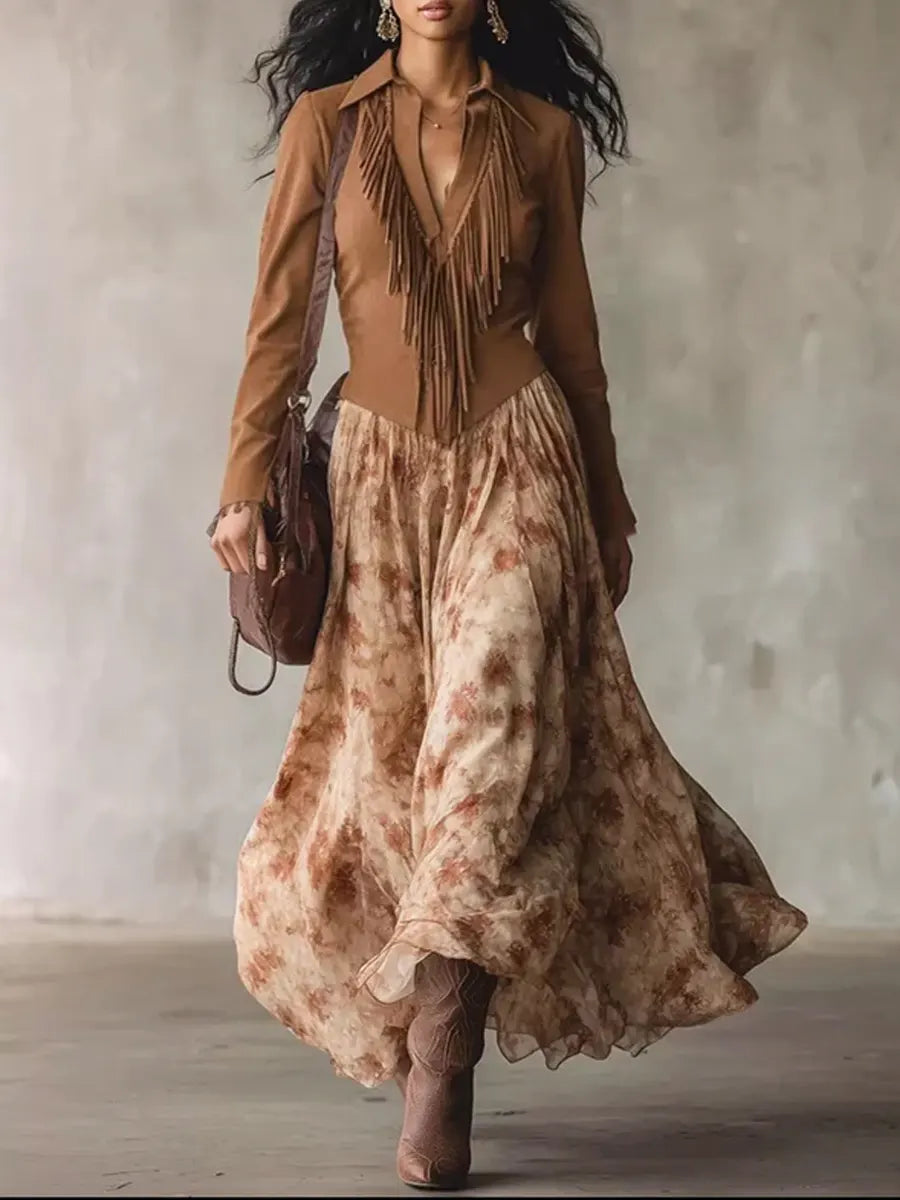 Women's Floral Fringe Art Casual Long Sleeve Maxi Dress