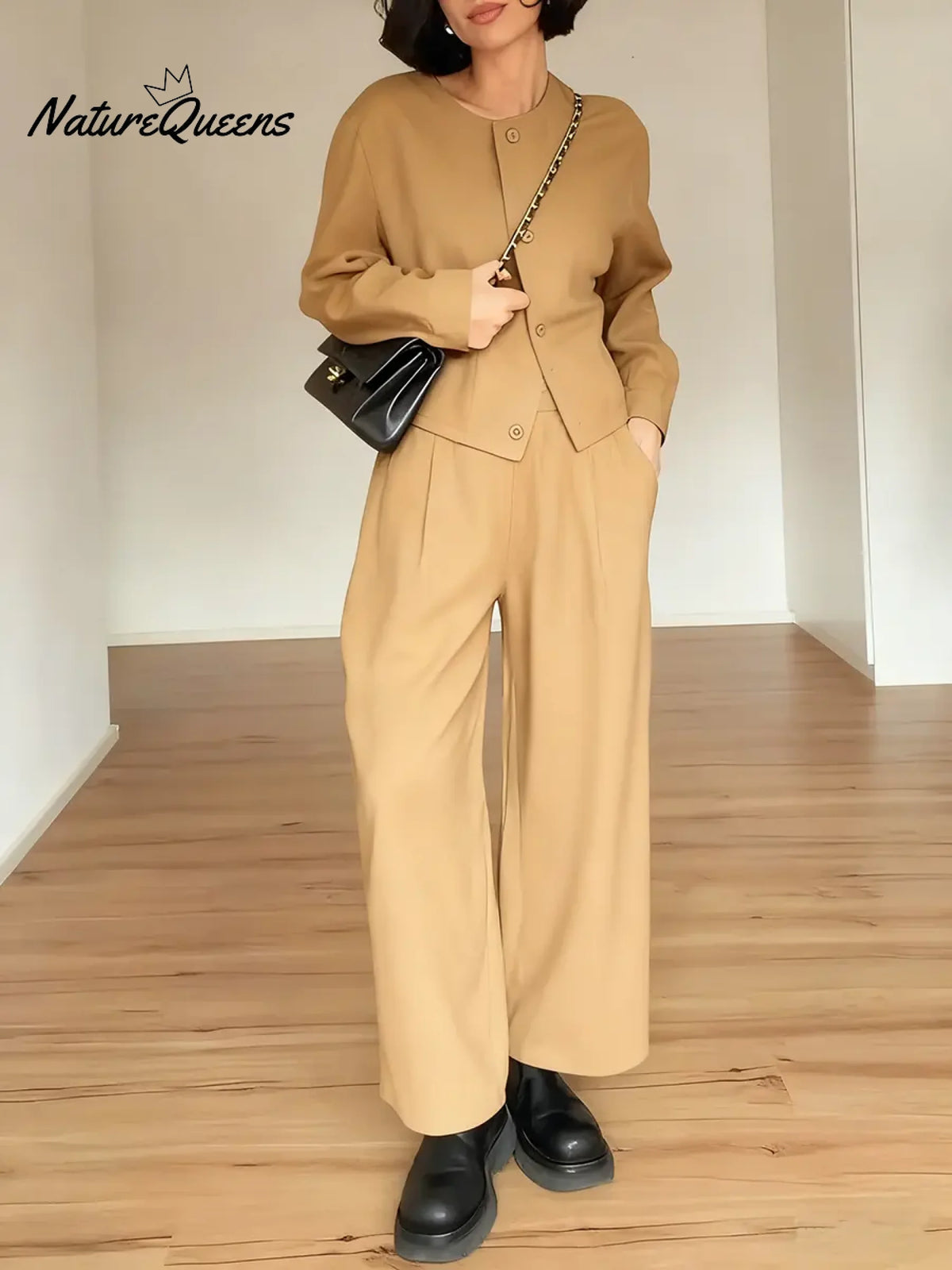 Women's Solid Color Round Neck Long Sleeve Casual Loose Cardigan High Waist Casual Wide Leg Pants Set