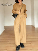 Women's Solid Color Round Neck Long Sleeve Casual Loose Cardigan High Waist Casual Wide Leg Pants Set