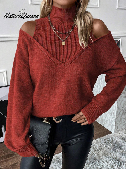 Women's Solid Color Casual Off-shoulder Turtleneck Knit Long-sleeved Sweater