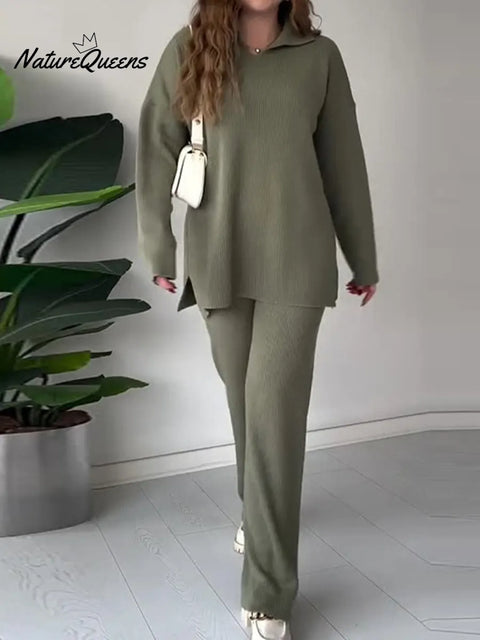 Women's Solid Color V-Neck Long Sleeve Casual Loose Knit Top and High Waist Knit Wide Leg Pants Set