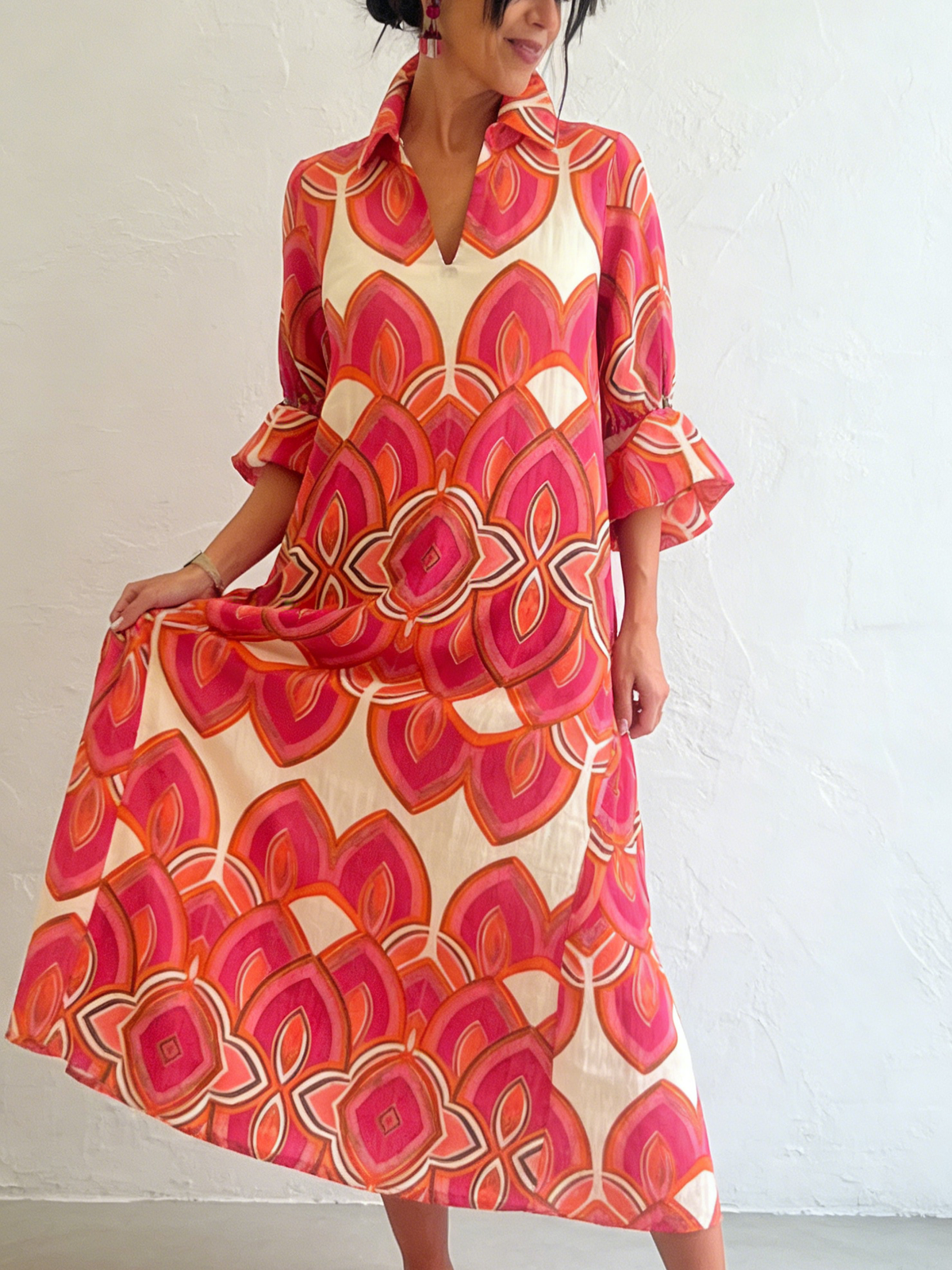 Retro Stand-up Collar Floral Print Loose Linen Cotton Dress