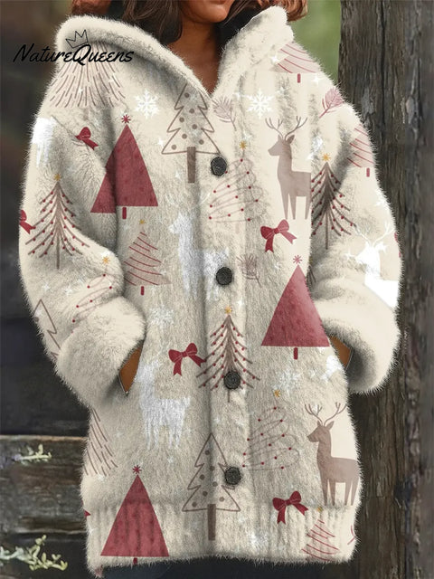 Women's Christmas Tree Pattern Art Print Casual Fleece Coat
