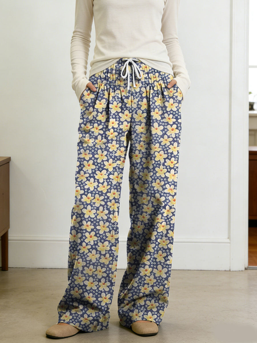 Floral Decorative Patterns Women's Casual Side Pockets Pants