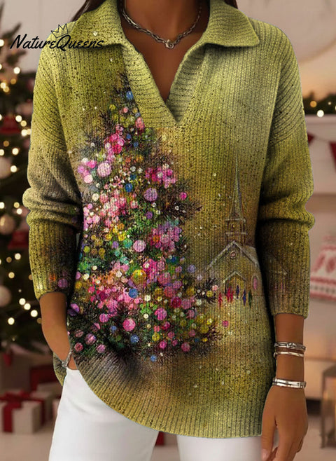 Christmas Tree Bow Art Pattern Art Polo Collar Shiny Loose Sweater Top