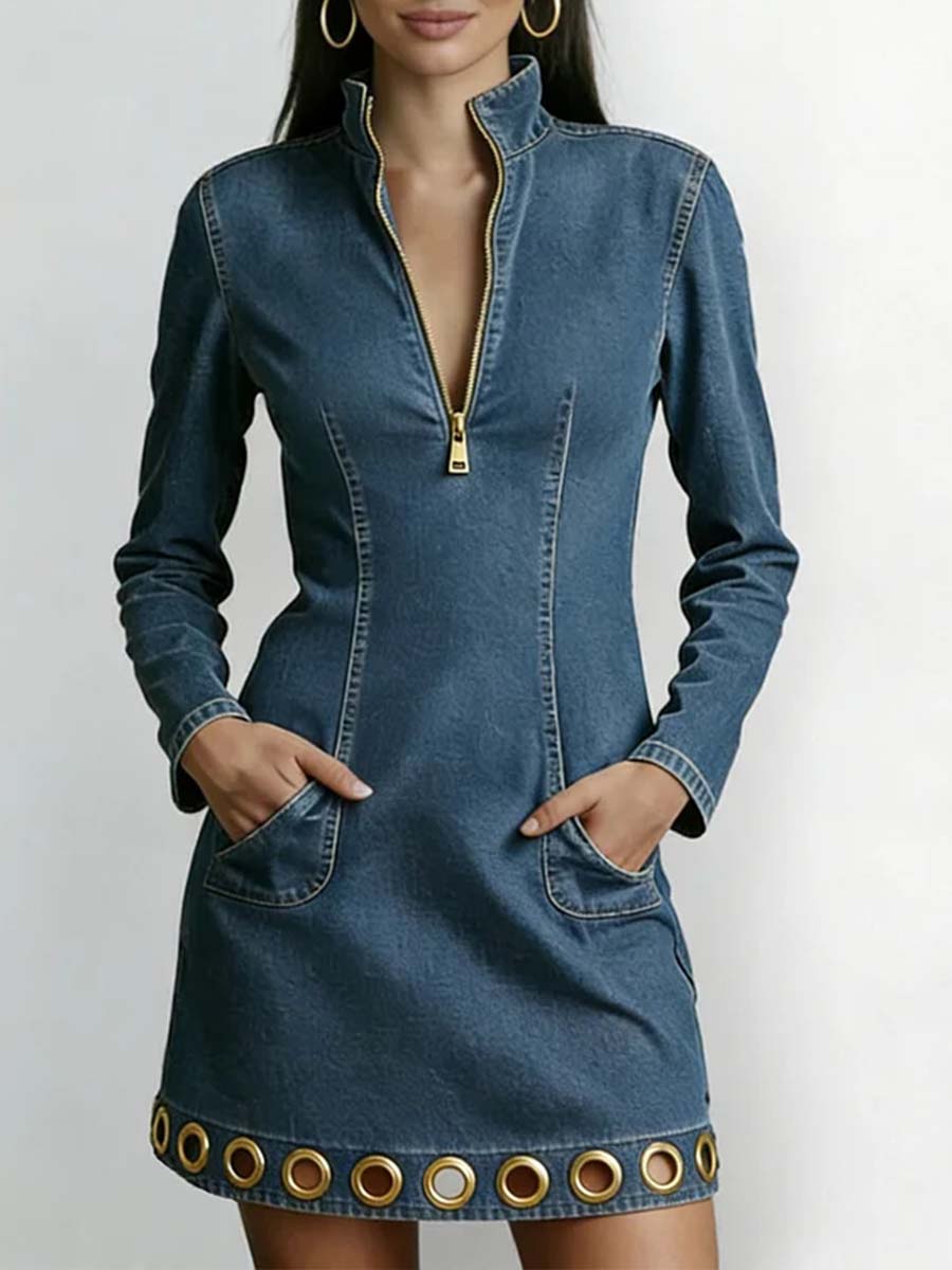 Women's Stand Collar Long Sleeve Casual Slim Fit Denim Dress