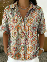 Women's Vintage Botanical Floral Print Half-placket Shirt