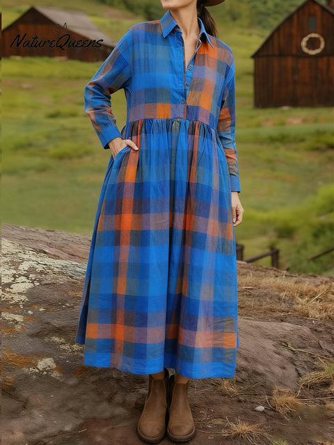 Women's Plaid Cotton And Linen Casual Long-Sleeved Dress