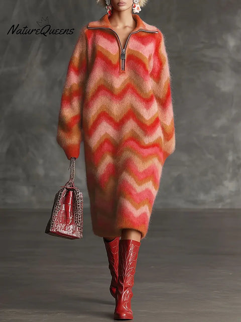 Women's Geometric Print Cardigan Collar Long-sleeved Casual Loose Knit Dress