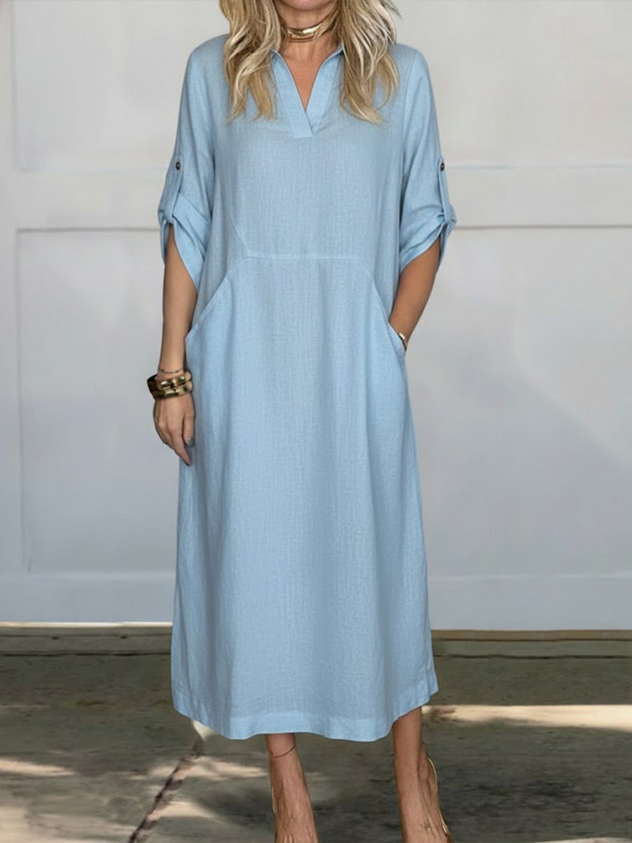 Women's Solid Color Lapel Long-sleeved Casual Loose Linen Dress