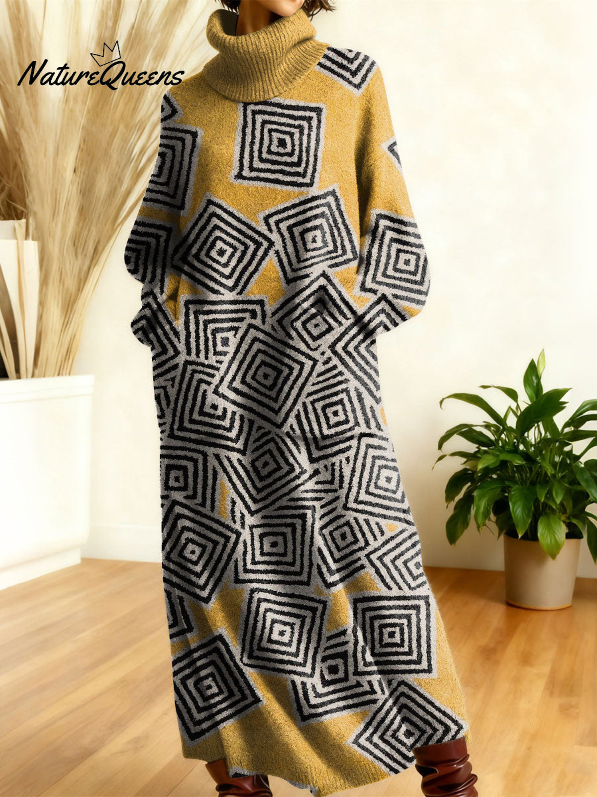Women's Retro Abstract Geometric Colorful Splicing Patterns Art High-neck Long-sleeve Casual Loose Knit Dress