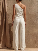 Women's Solid-color Asymmetric One-shoulder Sleeveless Casual Loose Cotton-linen Top And High-waisted Wide-leg Pants Set