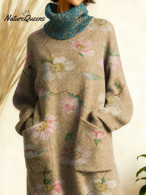 Women's Retro Floral Flowers High-neck Long-sleeve Casual Loose Knit Dress