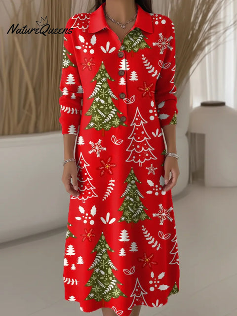 Women's Christmas Tree Pattern Art Print Casual Knitted Dress