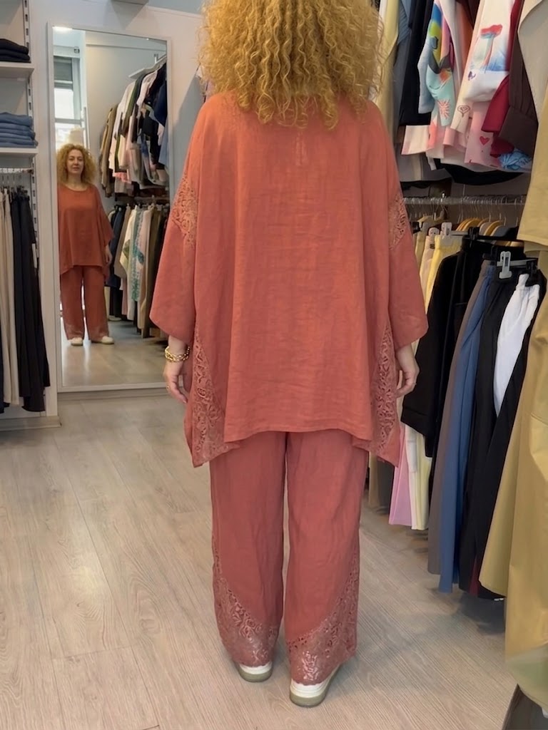 Loose-fit Casual Two-piece Set: Lace-paneled Linen And Cotton Top & Pants