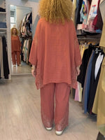 Loose-fit Casual Two-piece Set: Lace-paneled Linen And Cotton Top & Pants