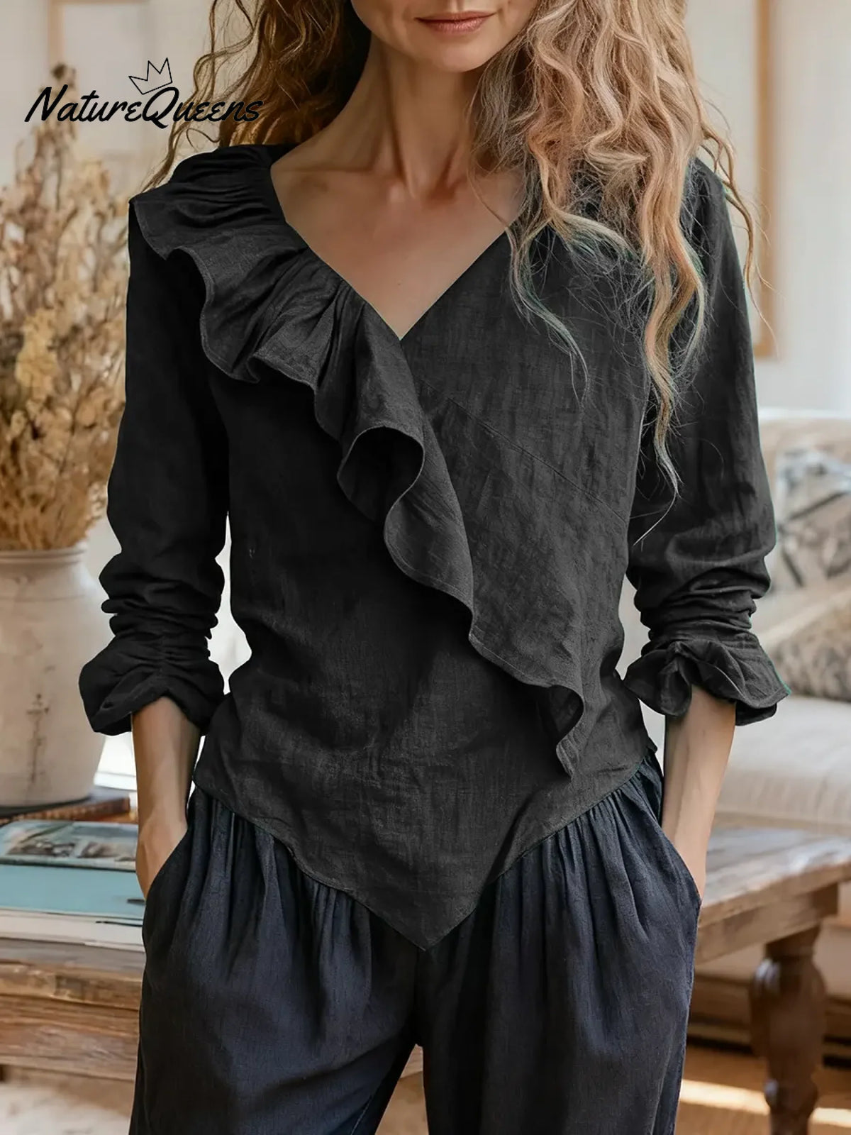 Women's Solid Color V-neck Long Sleeve Casual Loose Ruffled Cotton Linen Top