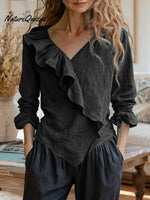 Women's Solid Color V-neck Long Sleeve Casual Loose Ruffled Cotton Linen Top