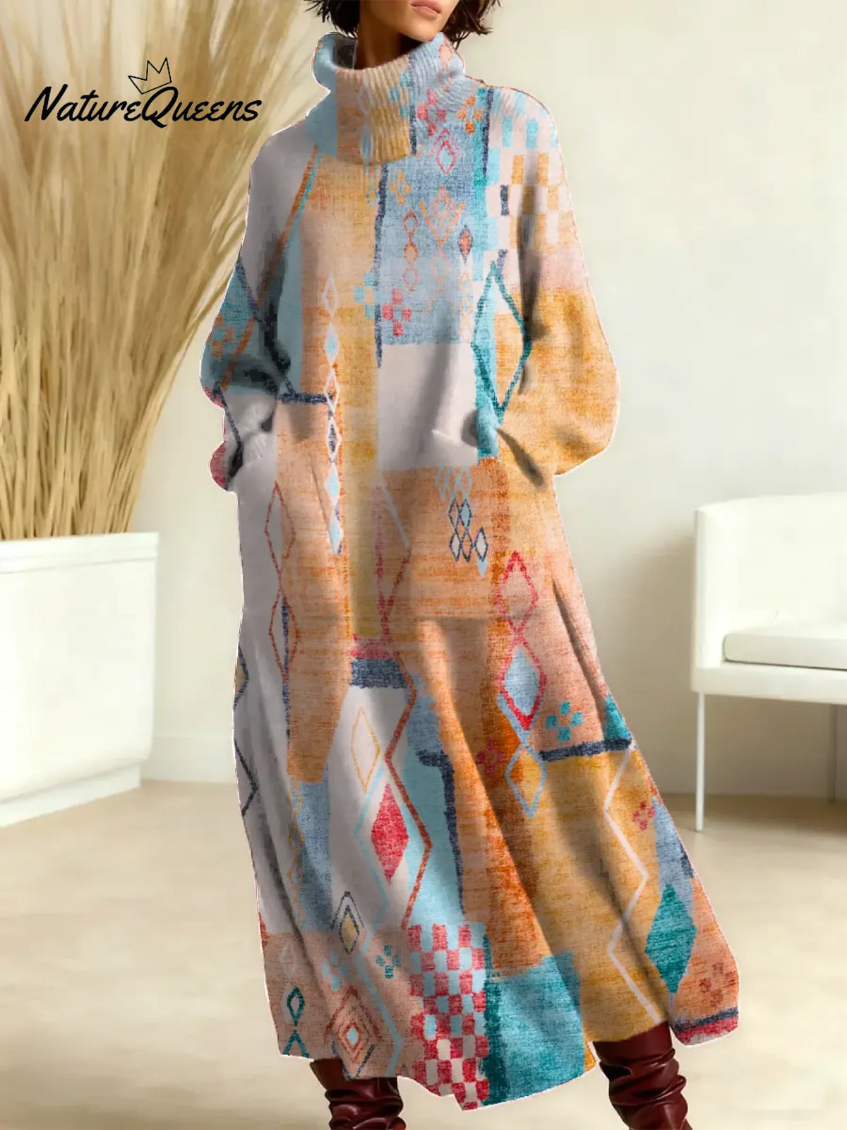 Women's Vintage Pattern Art Print Casual Cotton Knitted Dress