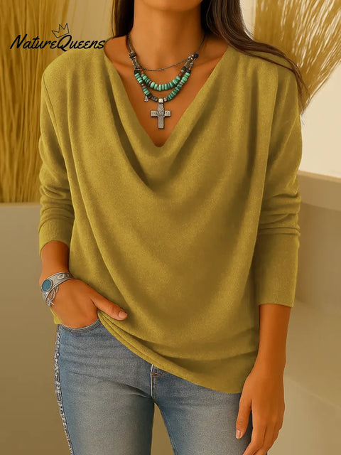 Women's Solid Color Draped Collar Long Sleeve Casual Loose Knit Top