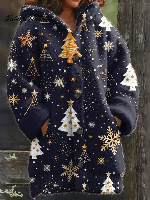 Women's Christmas Tree Pattern Art Print Casual Fleece Coat