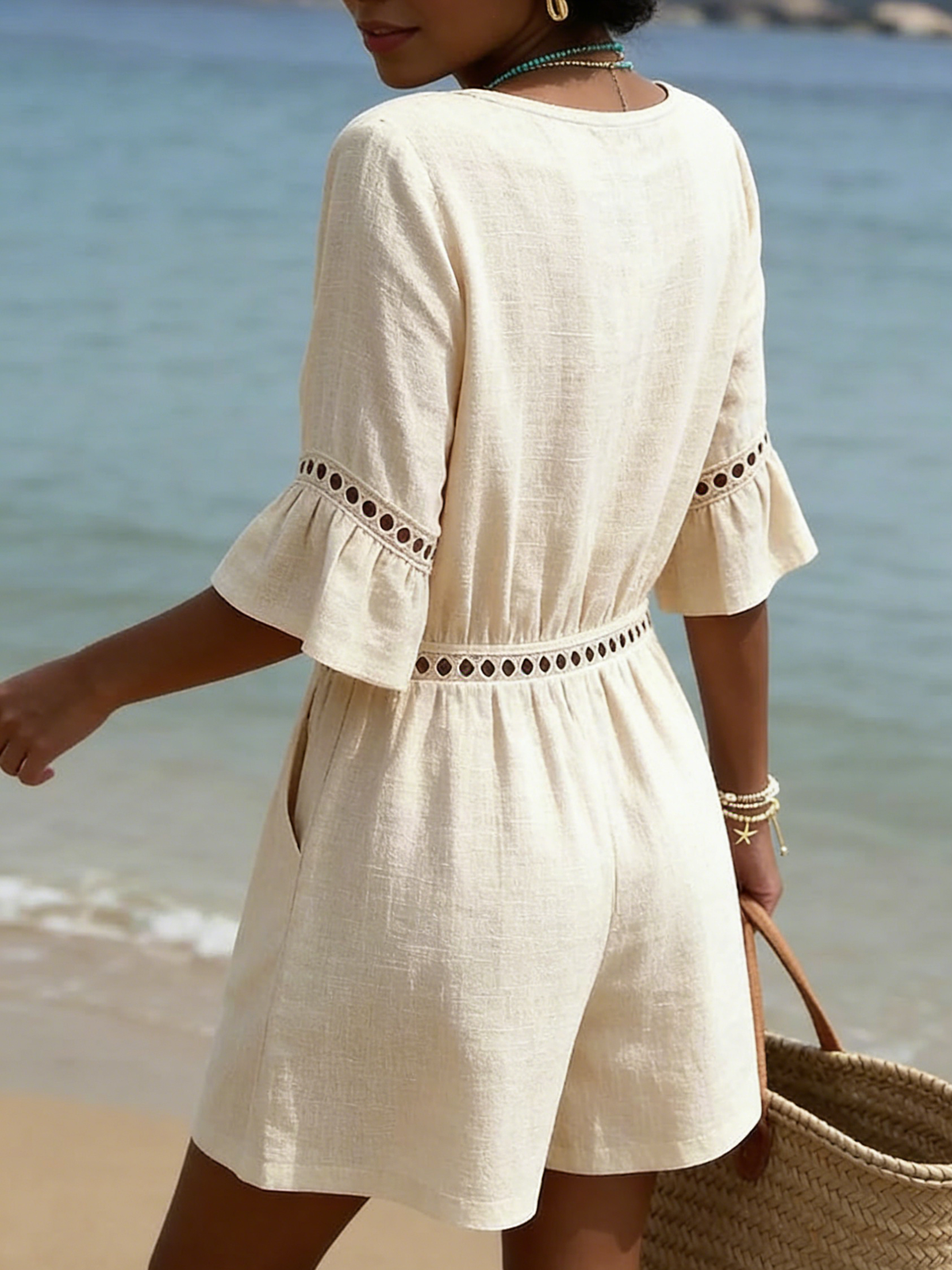 Cozy Cutout Lace Cotton-linen Short Romper Jumpsuit
