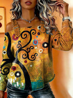 Women‘s Vintage Pattern Art Print Casual Cotton Denim Shirt