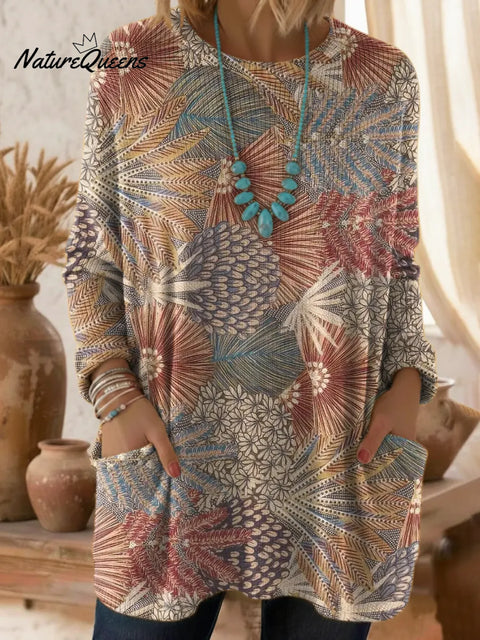 Women's Floral Pattern Art Print Casual Cotton Knitted Sweater