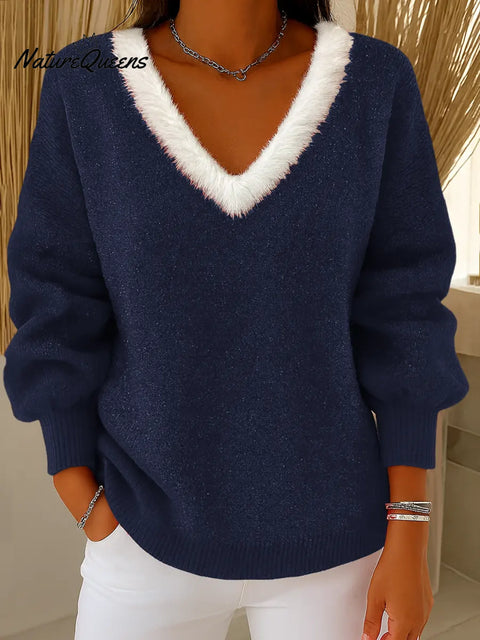 Women's V-neck Long Sleeve Casual Loose Knit Pullover