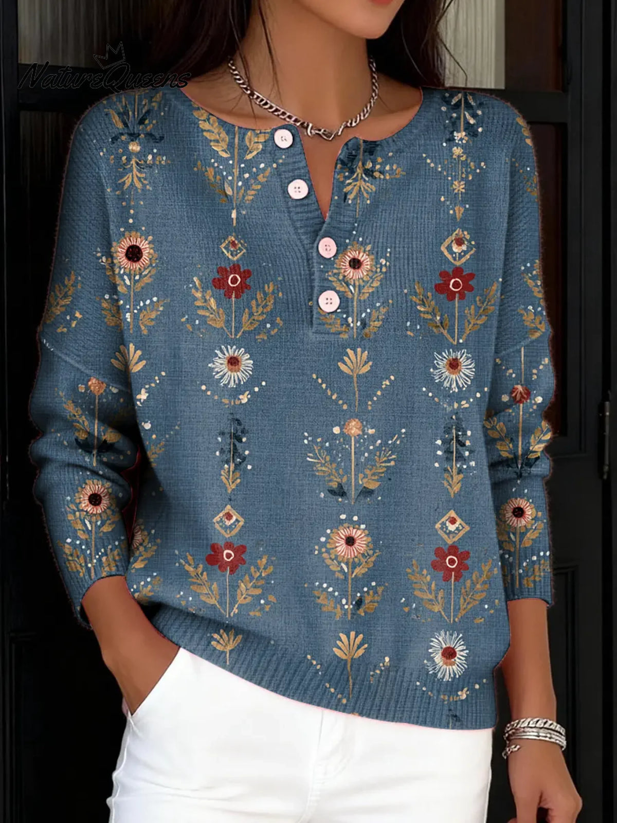 Women's VintageFlower Art Print Buttoned Cardigan Sweater