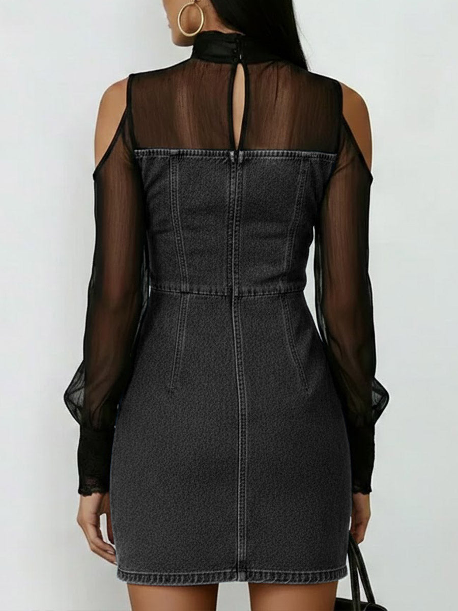 Women's Stand Collar Long Sleeve Chiffon Patchwork Casual Slim Denim Dress