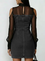 Women's Stand Collar Long Sleeve Chiffon Patchwork Casual Slim Denim Dress