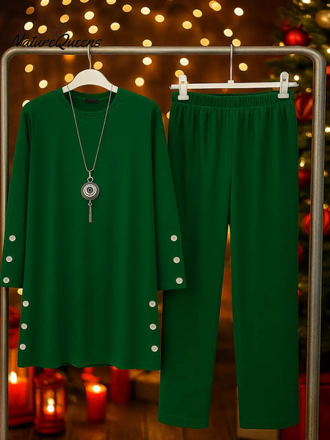 Women's Solid Color Round Neck Long Sleeve Casual Loose Cotton Top and High-Waisted Casual Loose Wide-Leg Pants Set