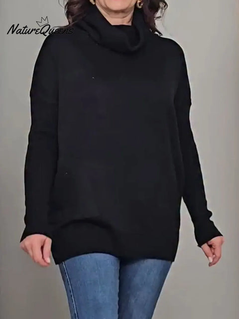 Women's Solid Color High Neck Long Sleeve Casual Loose Knit Top