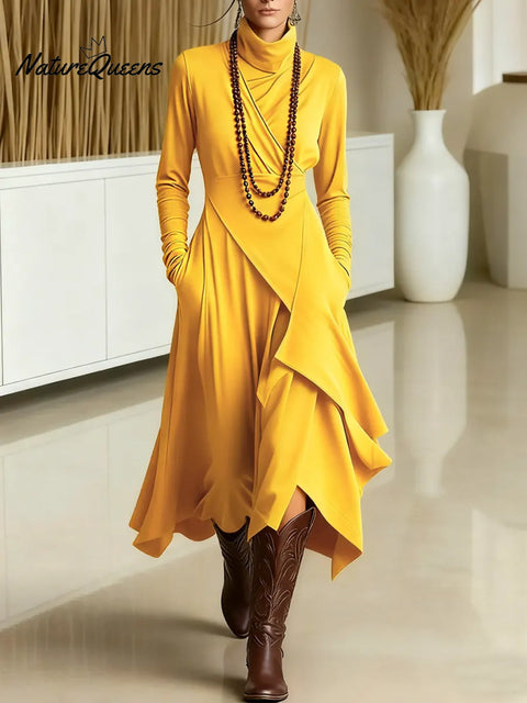 Women's Solid Color Turtleneck Long-sleeved Casual Loose Irregular Hem Knitted Dress