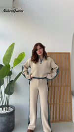 Women's Color-blocked Cardigan Collar Long-sleeved Casual Loose Top And High-waisted Casual Loose Color-blocked Wide-leg Pants S