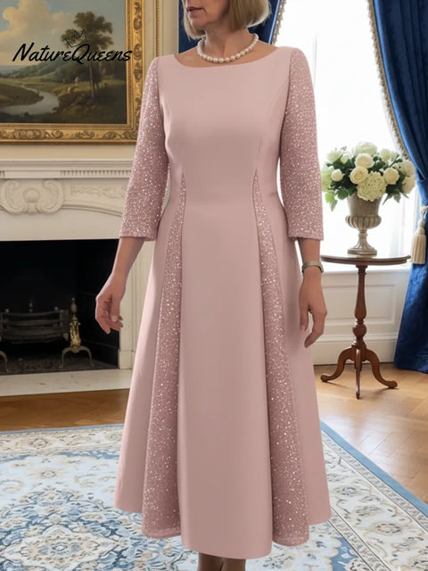 Elegant Round Neck Patchwork Sparkling Midi Dress