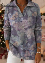 Elegant Purple Floral Decorative Pattern Women's Casual Shirt Collar Long Sleeve Sweater