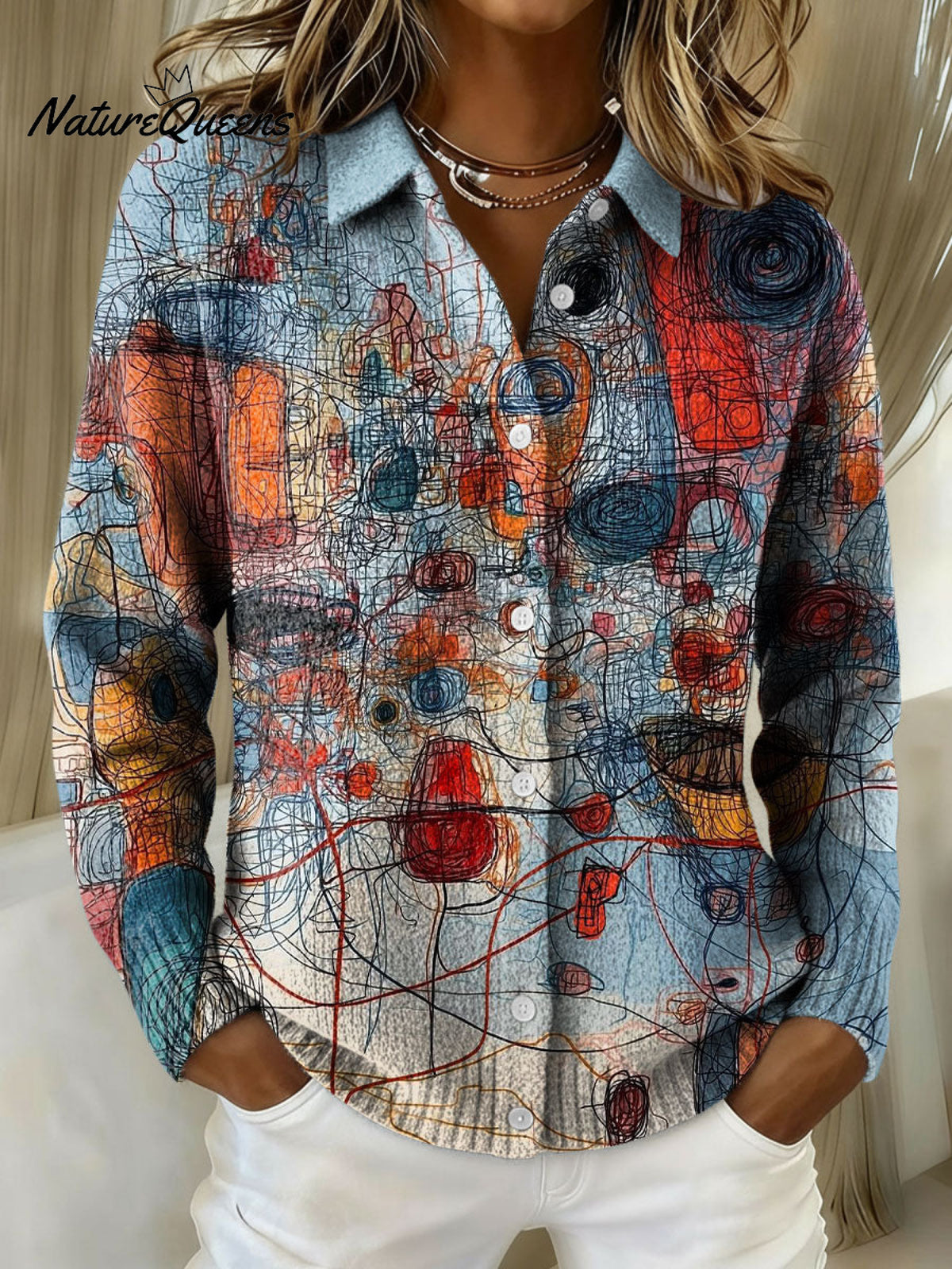 Women's Retro Patchwork Geometric Abstract Pattern Art Print Cowl Neck Sweater