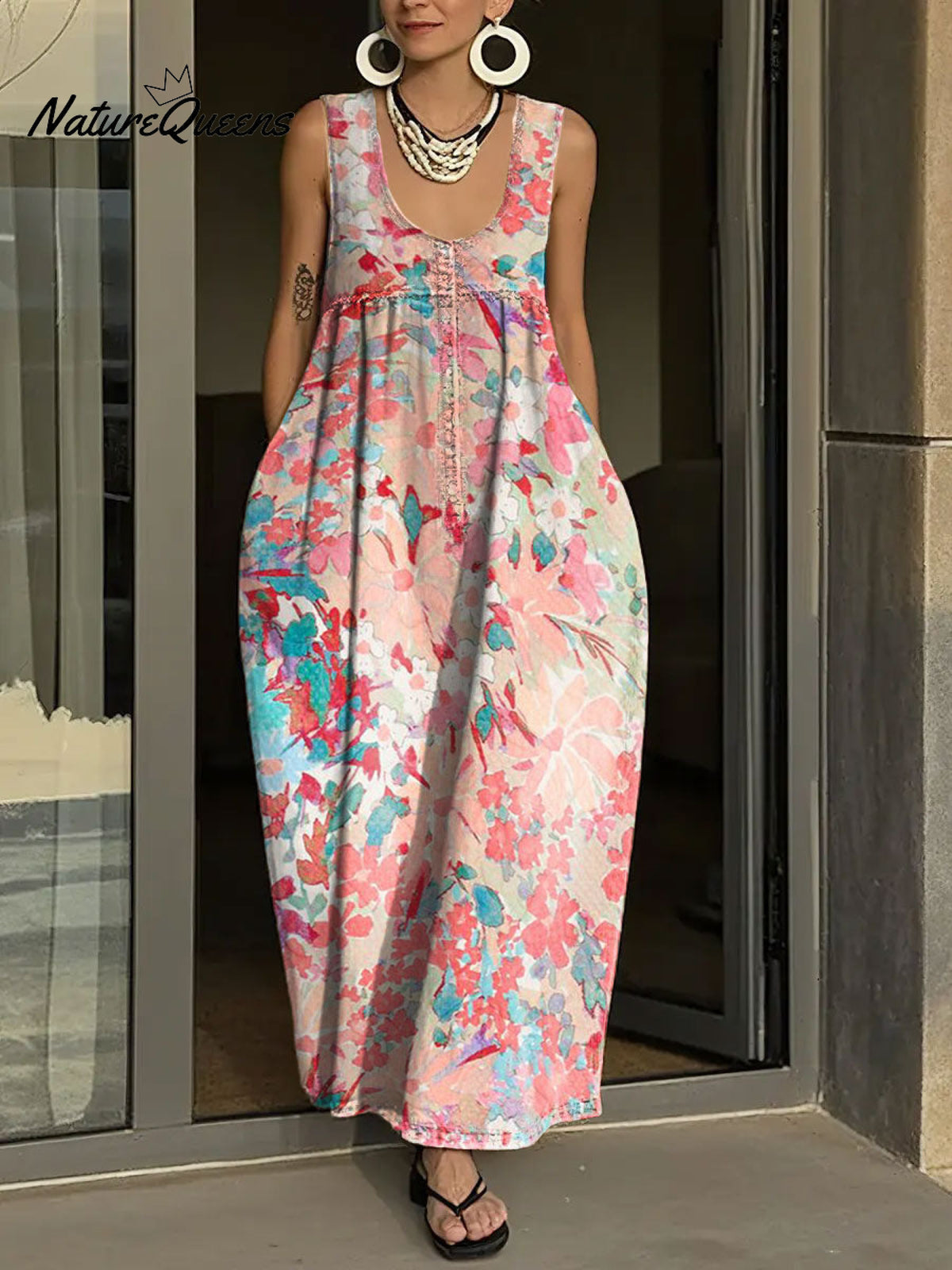 Women's Simple Flowers Pattern Art Print Casual Cotton Denim Dress