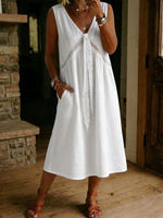 Casual Loose-fitting Patchwork Lace Trim Linen And Cotton Sleeveless Dress