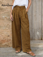 Women's Solid Color High-waisted Pleated Casual Loose Cotton And Linen Wide-leg Pants