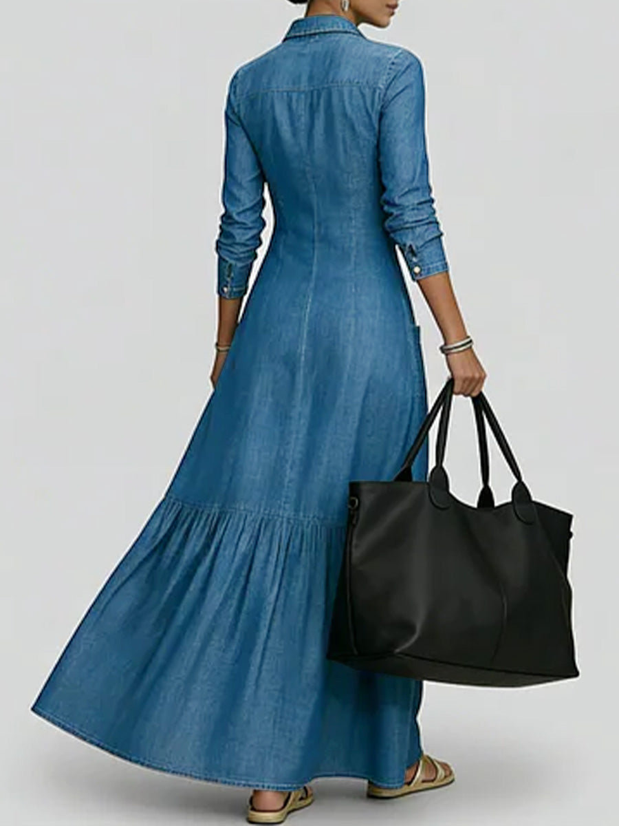 Women's Shirt Collar Long-sleeved Loose A-line Denim Dress