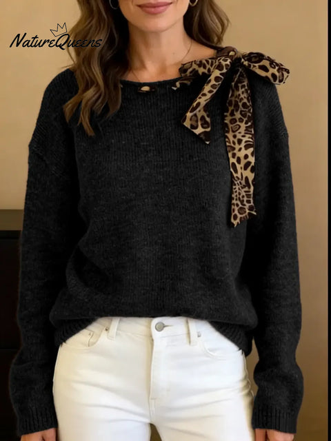 Women's Round Neck Long-sleeved Leopard Print Bow Tie Casual Loose Knit Pullover