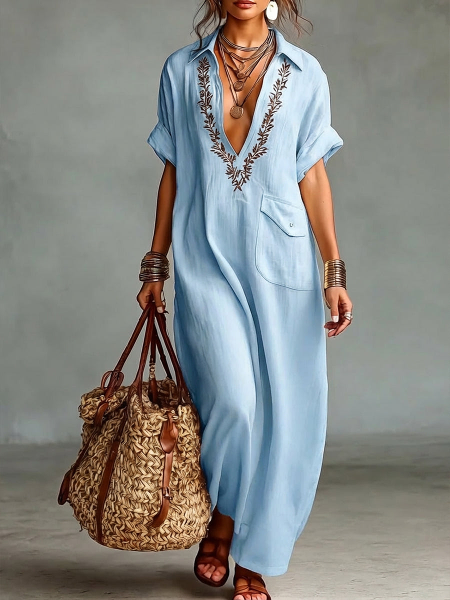 Loose-fitting V-neck Linen And Cotton Dress